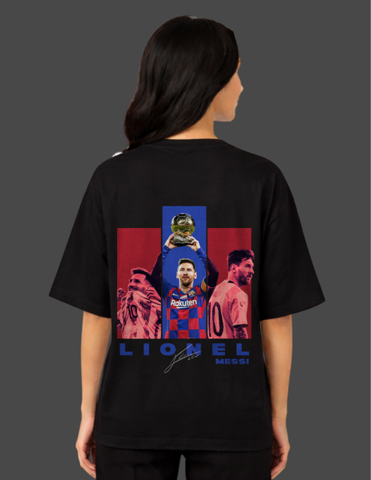 Person wearing a black t-shirt with a graphic design on the back featuring a sports player and text.