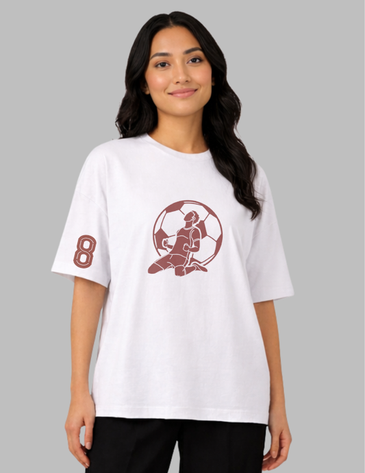 Woman wearing a white t-shirt with a red graphic design on a gray background