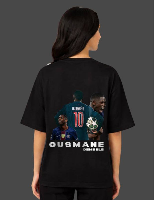 Person wearing a black t-shirt with images and text of a soccer player on the back