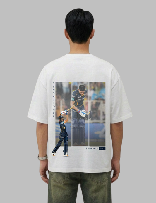 Person wearing a white t-shirt with a graphic of a baseball player on the back, standing against a plain background.