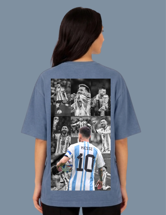 Person wearing a blue t-shirt with a collage of images and 'Messi 10' on the back.