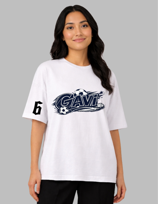 Woman wearing a white t-shirt with 'Gavi' logo on a gray background