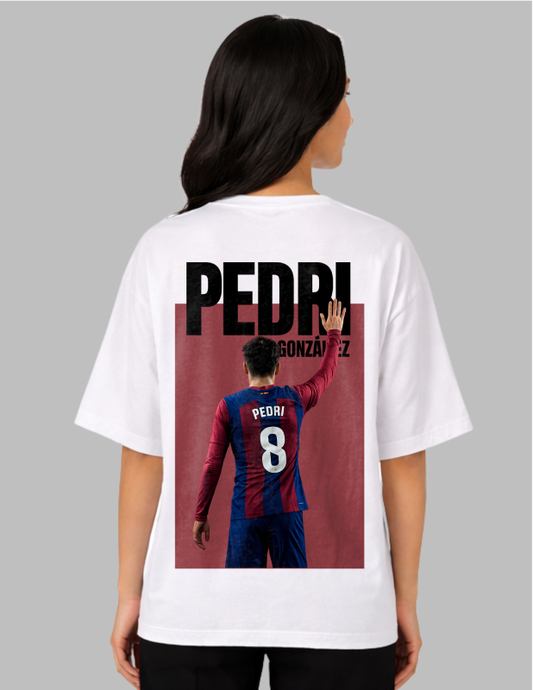 Person wearing a white t-shirt with a graphic of a soccer player and text on the back.