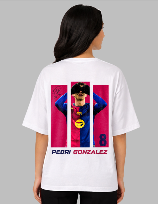 Person wearing a white t-shirt with a graphic of a soccer player and text on the back