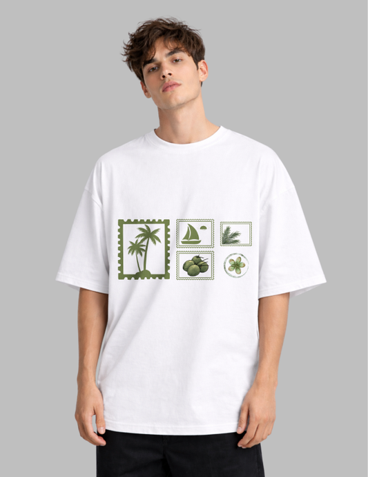 Person wearing a white t-shirt with green graphic designs on a gray background