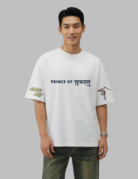 Man wearing a white t-shirt with text and graphics on a gray background
