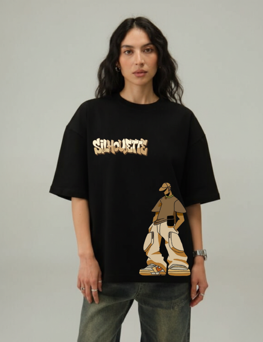Person wearing a black t-shirt with graphic design and text on a plain background