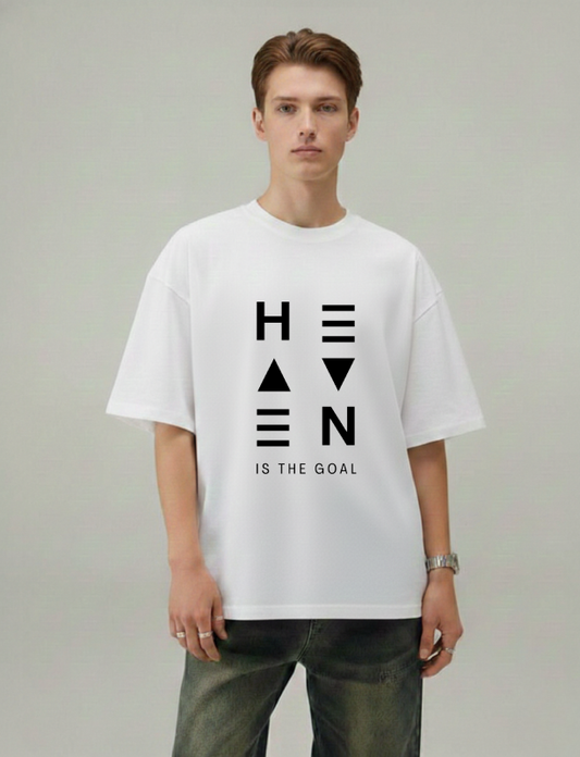 Person wearing a white t-shirt with 'HEAVEN IS THE GOAL' text on a plain background