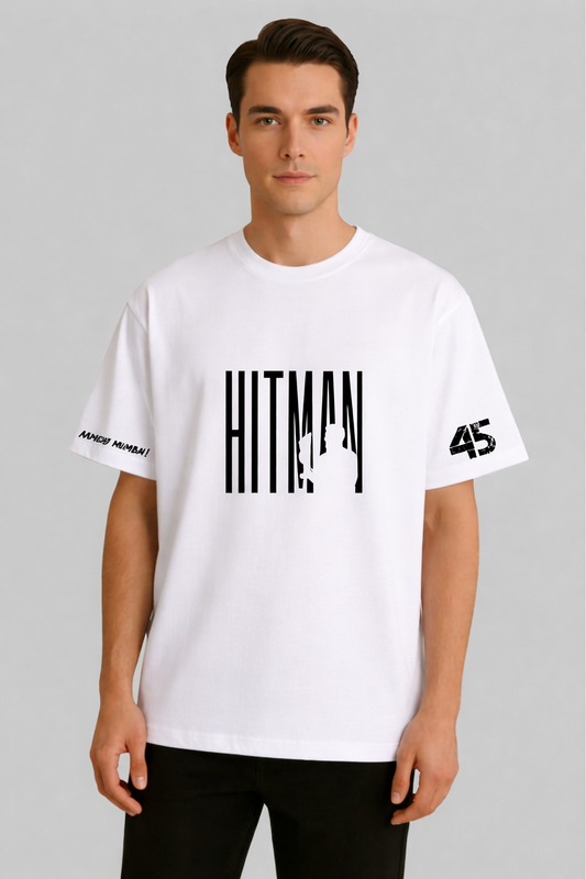 Man wearing a white t-shirt with 'Hitman' and number '45' design on a gray background