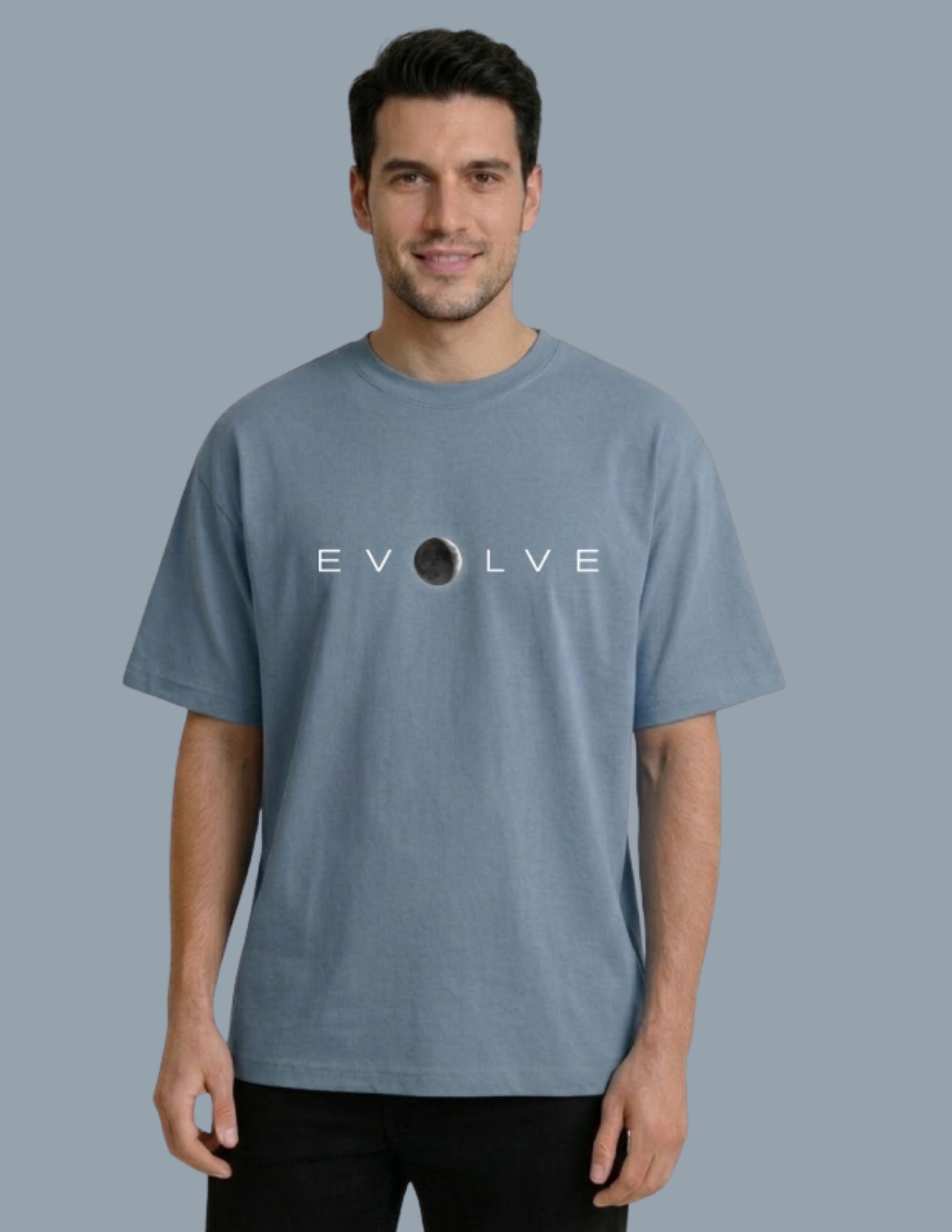 Man wearing a gray t-shirt with 'EVOLVE' logo on a plain background