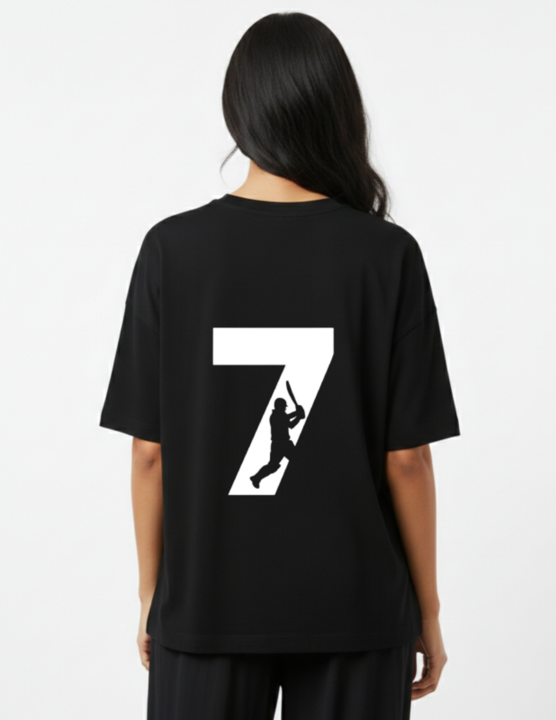 Person wearing a black t-shirt with a white number 7 and silhouette on the back, on a white background