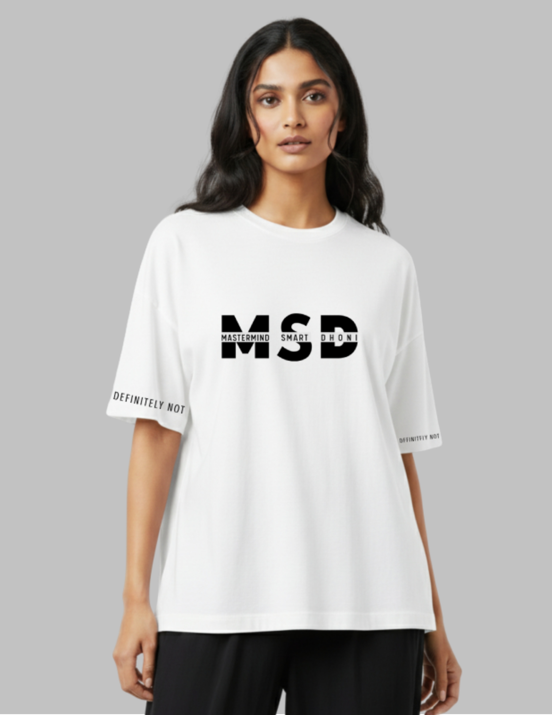 Woman wearing a white t-shirt with 'MSD' printed on it against a gray background
