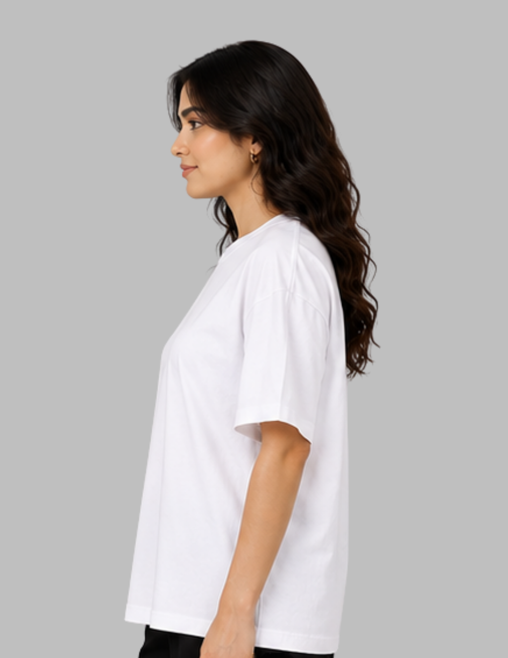 A woman shown in side profile wearing a plain white short-sleeve crew-neck T-shirt against a solid gray studio background.