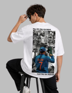 A man wearing a white graphic t-shirt from the back, sitting on a stool against a solid gray background. The shirt features a large print of Indian cricket player Sachin Tendulkar with the text 'PAL DO PAL KA NAHI HAR PAL KA SHAYAR' and 'PAL DO PAL KA NAHI'.