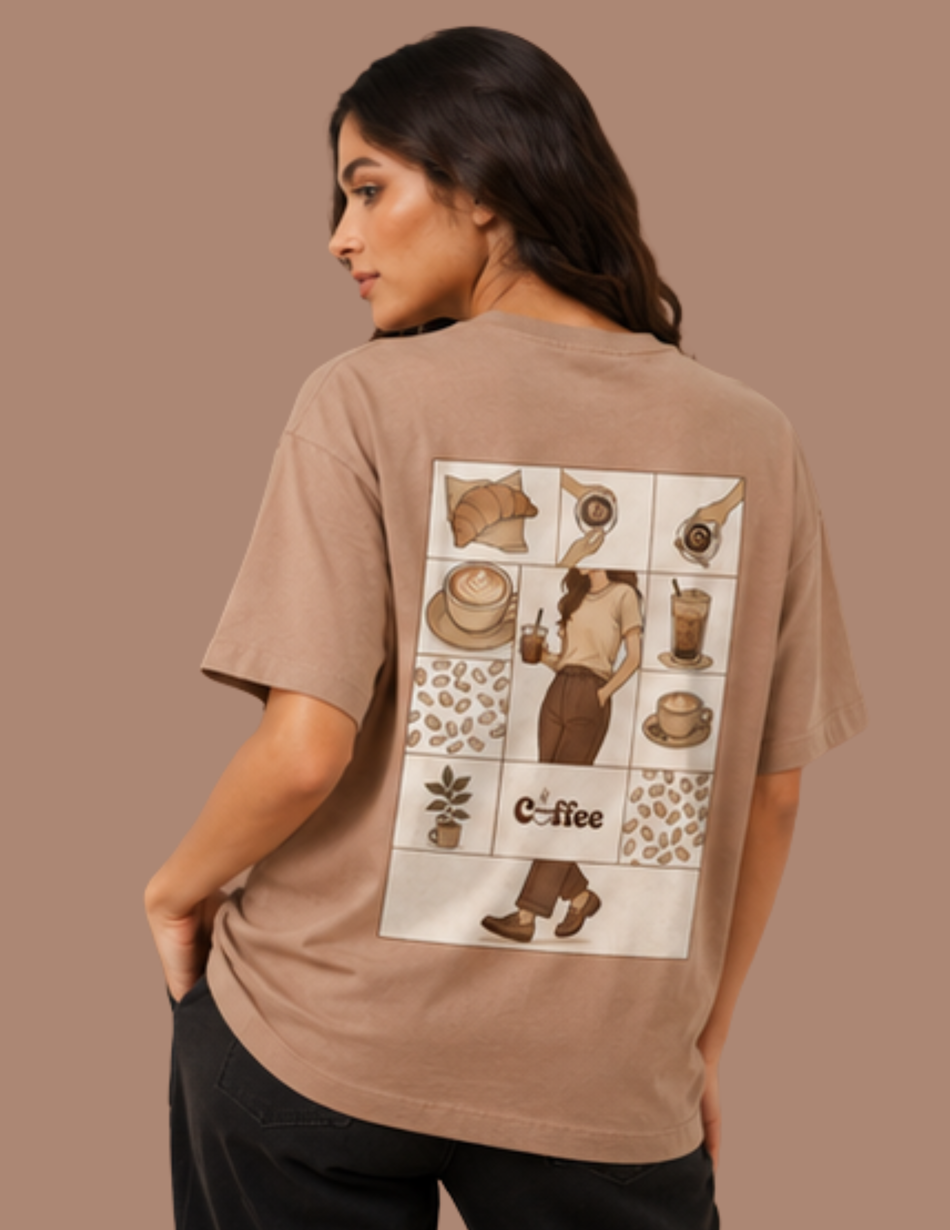 A woman wearing a white oversized T-shirt with a large vintage-style coffee-themed graphic print on the back, seated on a white stool against a solid gray background.