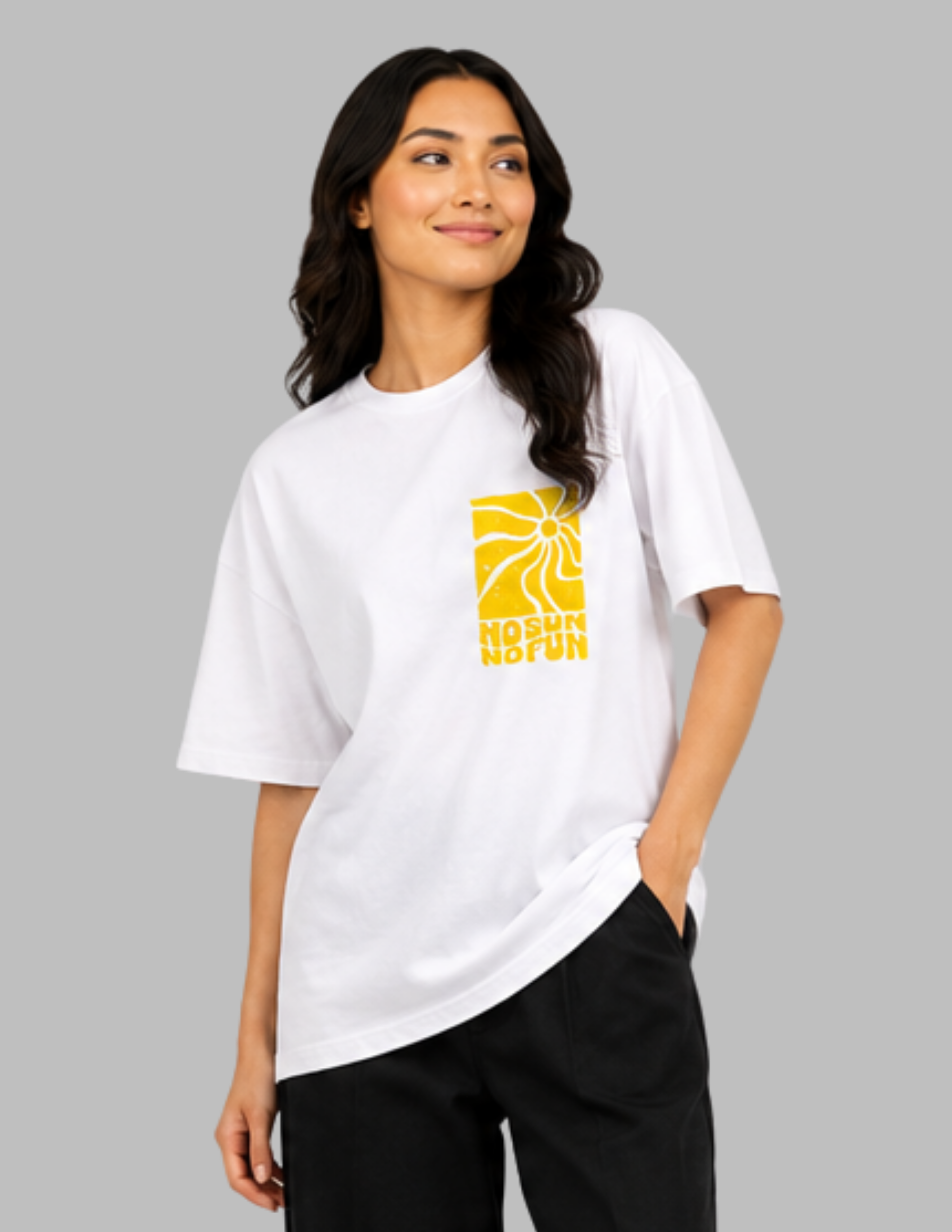 Woman wearing a white t-shirt with a yellow graphic design on a gray background