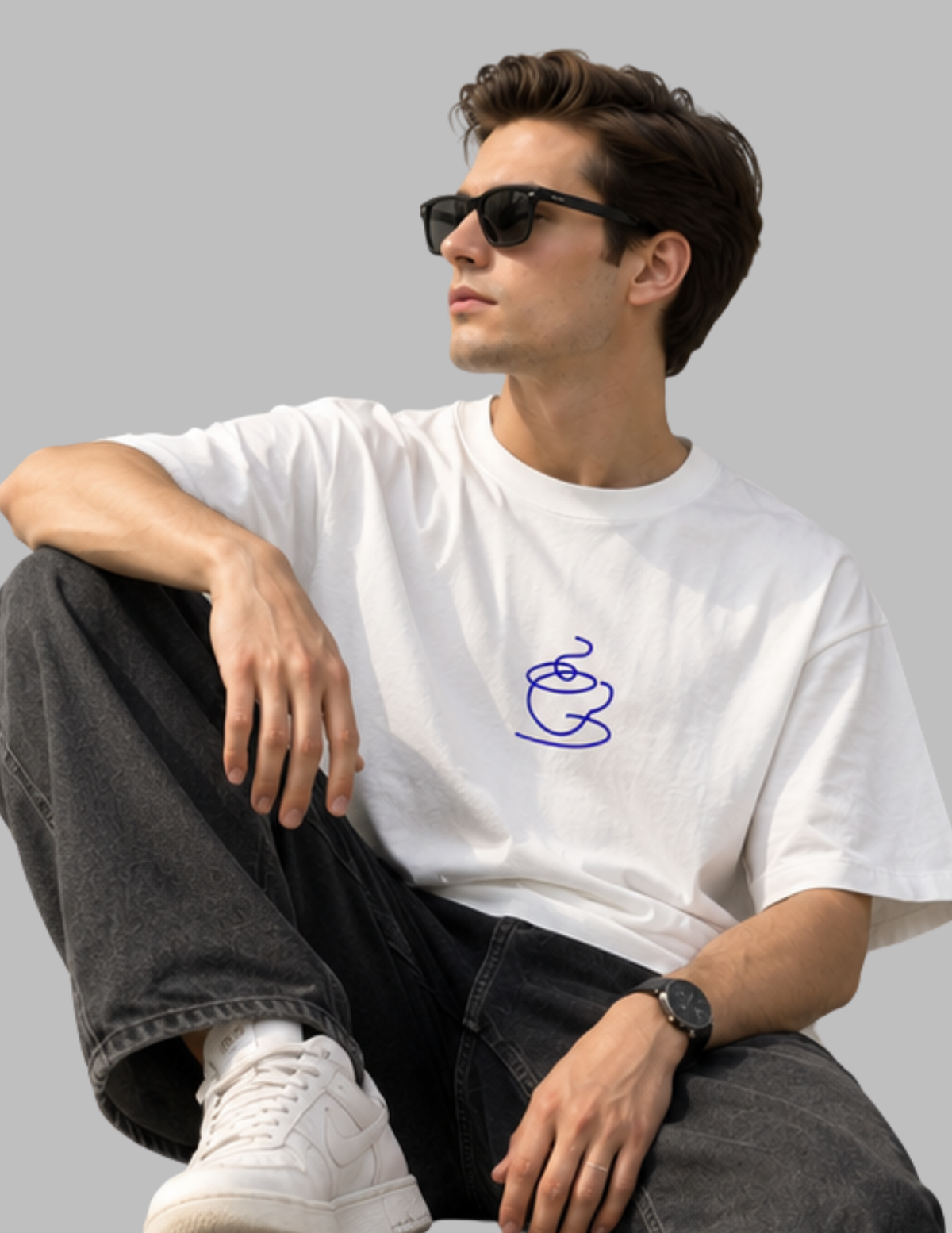 A man wearing a white crewneck t-shirt with a small blue line-art coffee cup graphic on the left chest, paired with dark gray jeans, white sneakers, and black sunglasses, posed against a solid gray background.