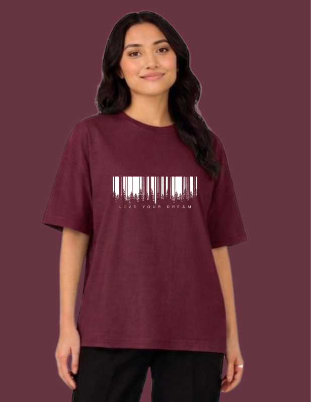 Person wearing a maroon t-shirt with a barcode design and text on a matching background