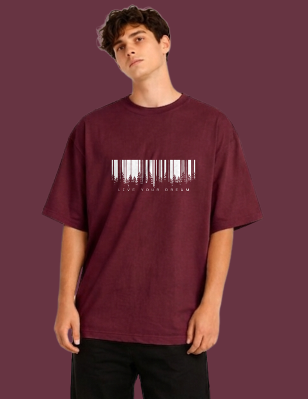 Person wearing a maroon t-shirt with a barcode design and text on a matching background