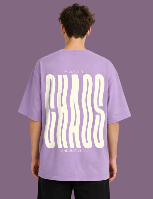 Person wearing a purple t-shirt with text on the back against a purple background