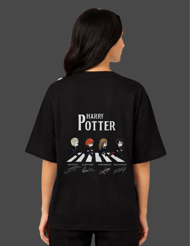 Person wearing a black 'Harry Potter' t-shirt with a design on the back.