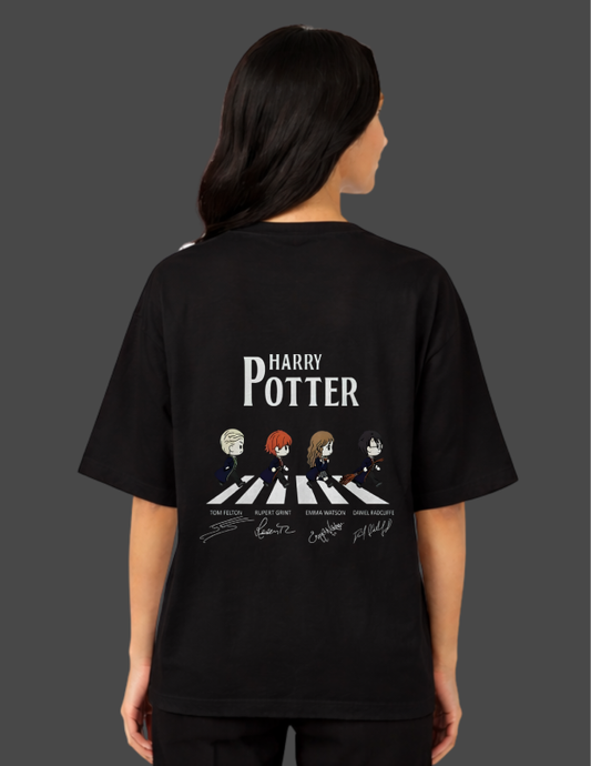 Person wearing a black 'Harry Potter' t-shirt with a design on the back.