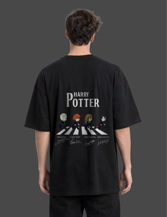 Person wearing a black 'Harry Potter' t-shirt with a graphic design on the back.