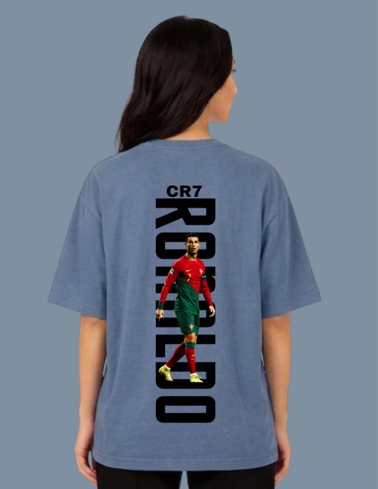 Person wearing a blue t-shirt with a graphic of a soccer player and 'CR7 RONALDO' text on the back.