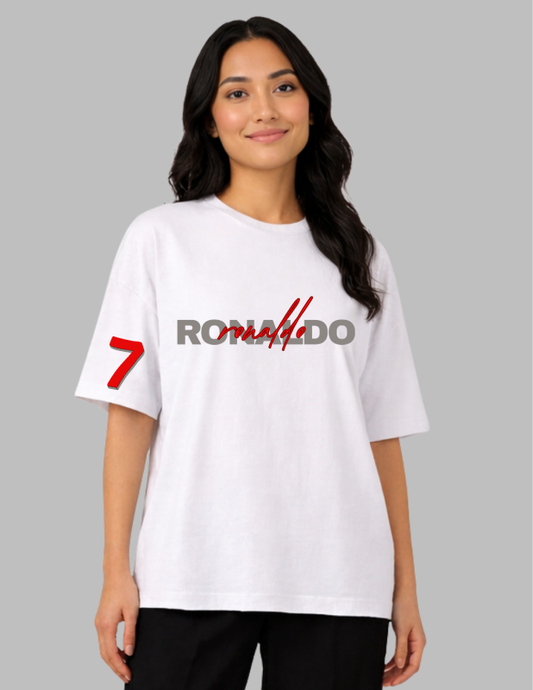 Person wearing a white t-shirt with red and black text on a gray background