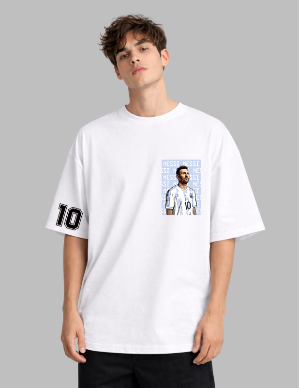 Person wearing a white t-shirt with a graphic design on a gray background