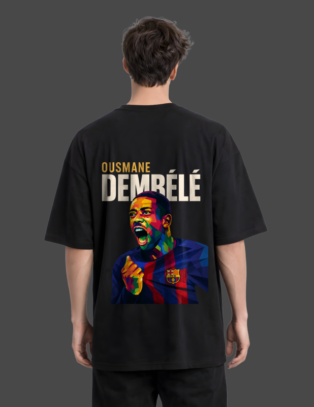 Black t-shirt with colorful graphic and text on the back, worn by a person.