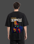 Black t-shirt with colorful graphic and text on the back, worn by a person.