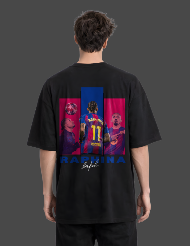 Person wearing a black t-shirt with colorful graphics and text on the back