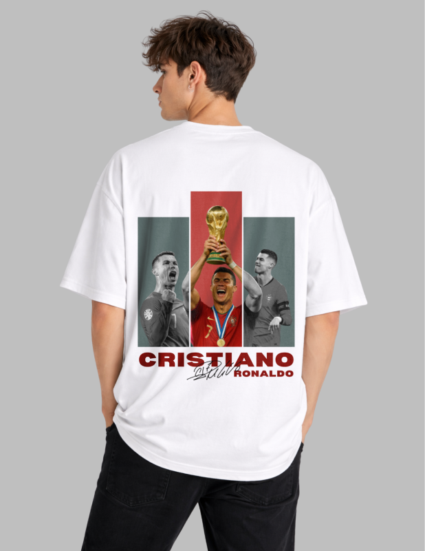 Person wearing a white t-shirt with Cristiano Ronaldo graphic and text on a gray background