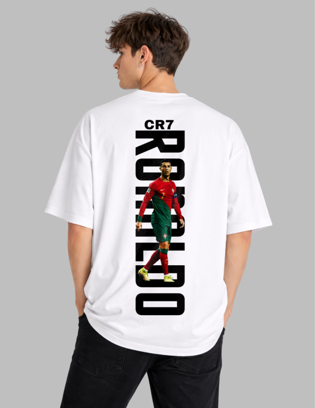 Person wearing a white t-shirt with 'CR7 Ronaldo' printed on the back, standing against a gray background.