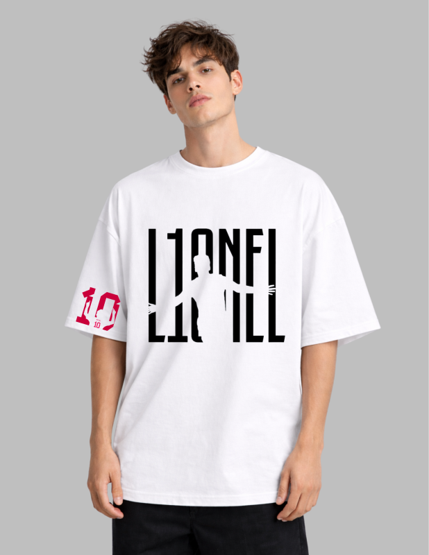 Person wearing a white t-shirt with black and red text on a gray background