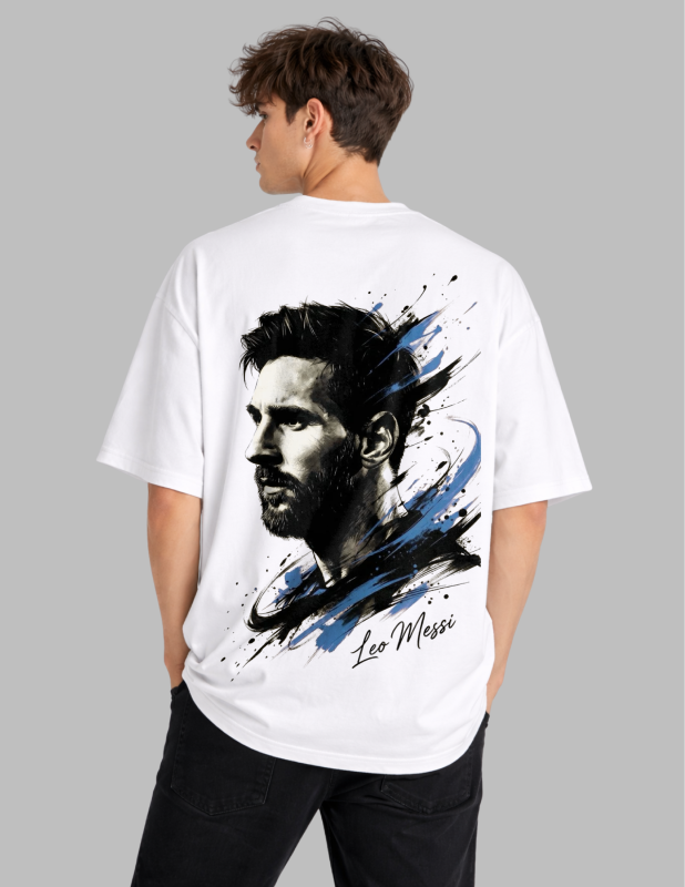 Person wearing a white t-shirt with a graphic of a famous person and 'Leo Messi' text on the back.