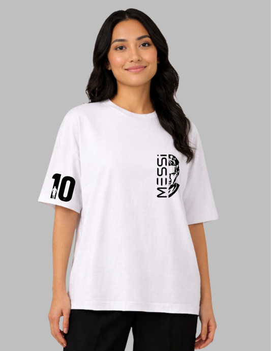 Woman wearing a white t-shirt with black graphics and text on a gray background