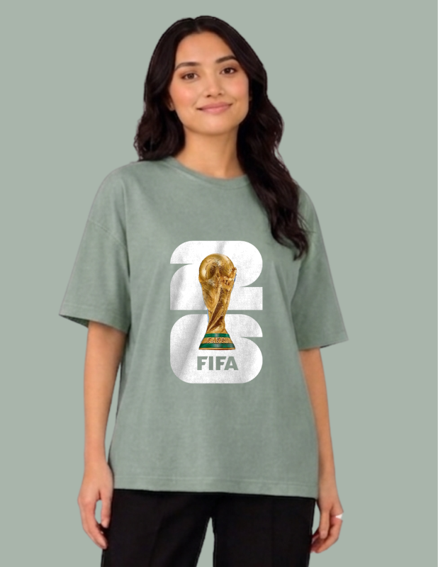 Person wearing a green t-shirt with FIFA World Cup 2023 logo on a gray background
