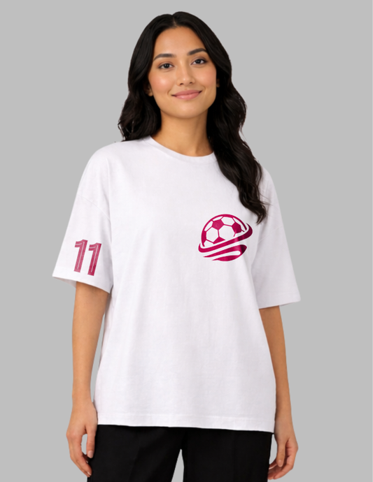 Woman wearing a white t-shirt with a red logo and number 11 on a gray background
