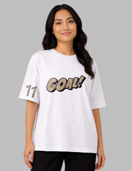Person wearing a white t-shirt with red and black text on a gray background