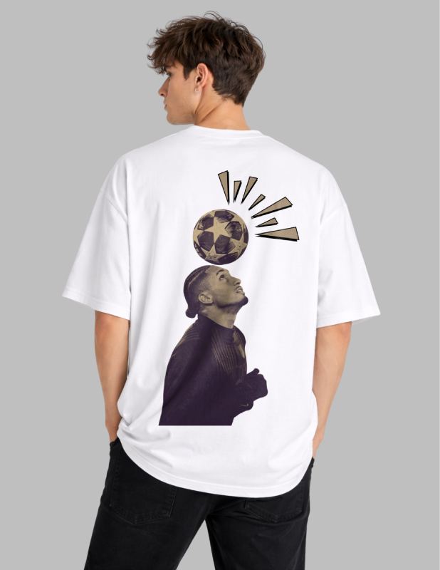 Person wearing a white t-shirt with a graphic design on the back, standing against a gray background