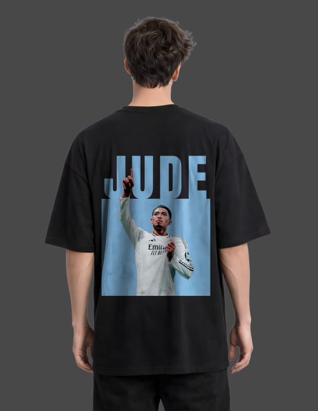 Person wearing a black t-shirt with a graphic of a football player and the name 'Jude' on the back.