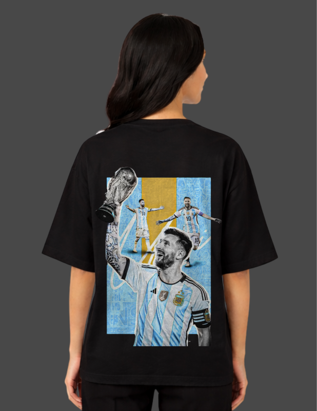 Person wearing a black t-shirt with a graphic of a soccer player and trophy on the back.