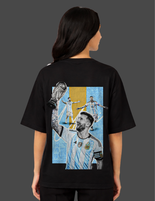 Person wearing a black t-shirt with a graphic of a soccer player and trophy on the back.