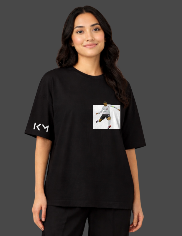Person wearing a black t-shirt with a logo and image on a dark background