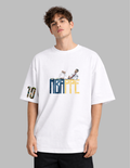 Person wearing a white t-shirt with a graphic design on a gray background