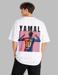 Person wearing a white t-shirt with 'YAMAL' printed on the back, featuring a graphic of a person in a sports jersey.