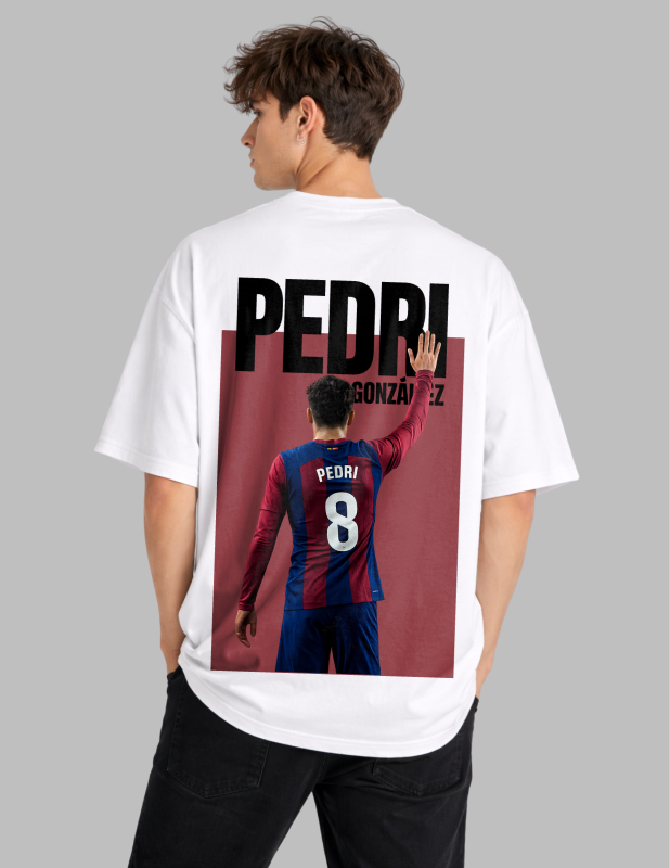Person wearing a white t-shirt with a printed design on the back, featuring a soccer player in a red and blue uniform with the number 8.