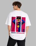 Person wearing a white t-shirt with a graphic of a soccer player and text on the back